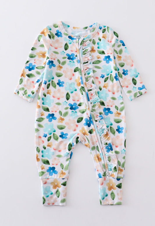 Blue floral bamboo onesie